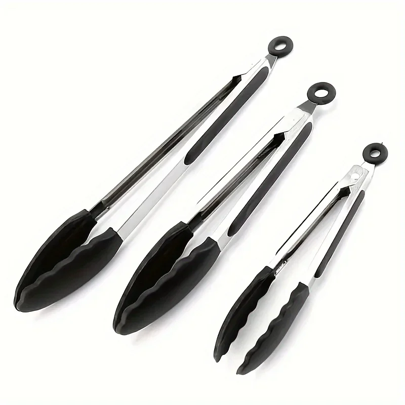 3pcs, Serving Tongs, Food Tongs, Barbecue Tongs, Stainless Steel Fruit Tongs With Silicone Tip, Bread Tongs, Steak Tongs, Salad