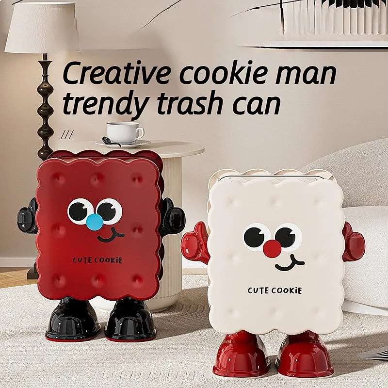 Funny Cookie Face Trash Can, 10l Cute Rolling Waste Bin, Press Lid Garbage Can For Bedroom Dorm Decoration