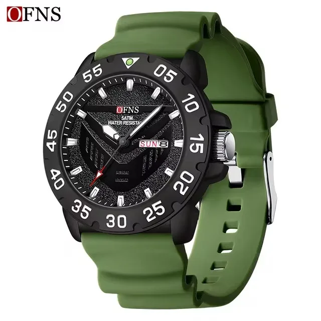 ساعة كوارتز رجالية OFNS 1308 بتقويم مزدوج كلاسيكية بسيطة مقاومة للماء بحزام سيليكون للرجال