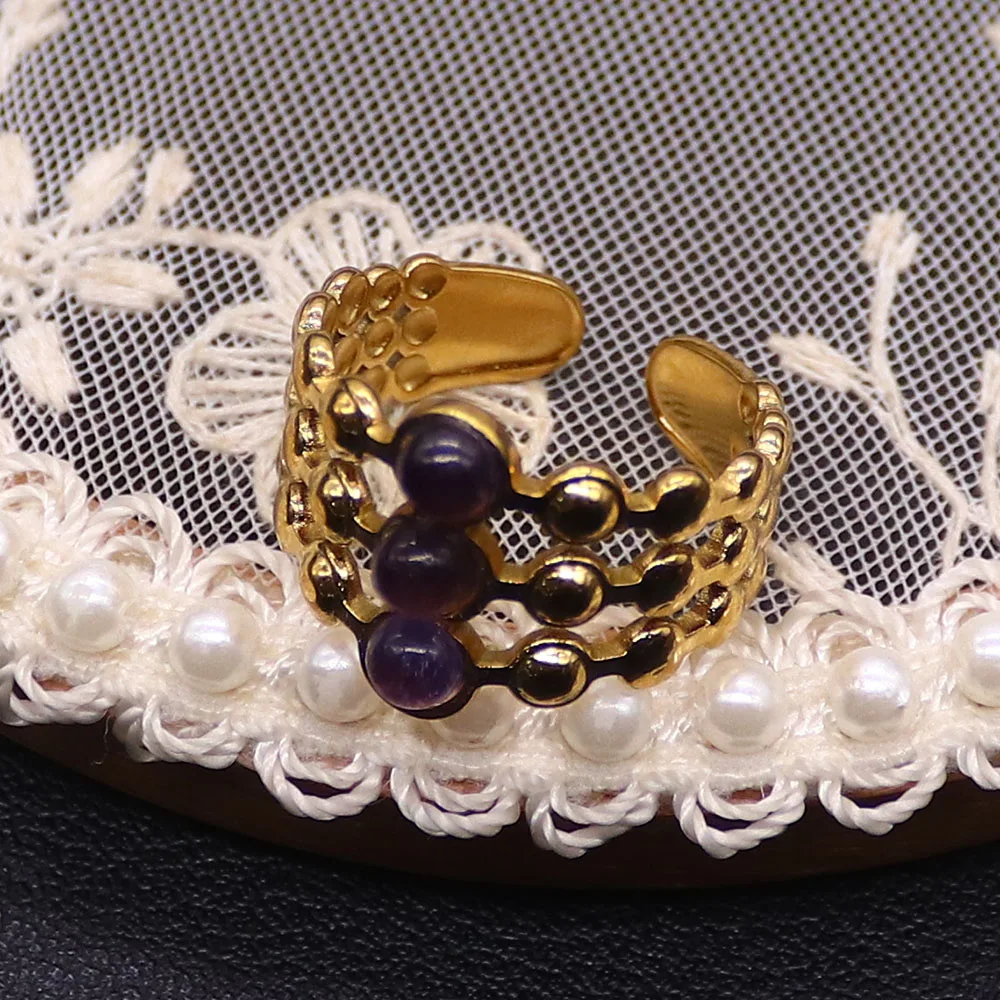 Three-Layer Gold-Plated Stainless Steel Natural Stone Ring Round Malachite Opal Inlay Adjustable Open Band Finger Jewelry 1 Pcs