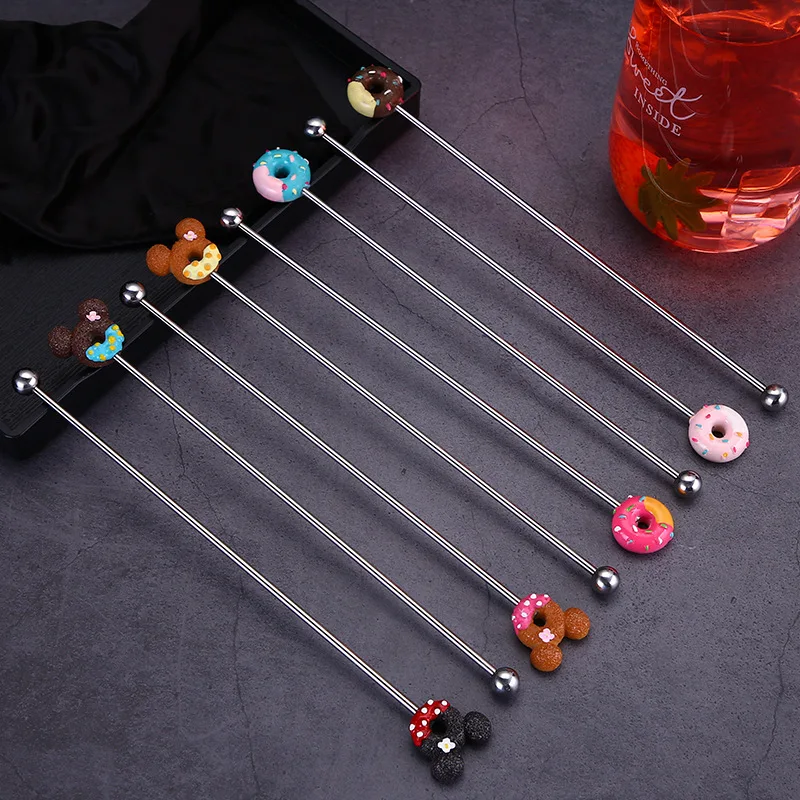 Creative 304 Stainless Steel Stir Stick Cartoon Donut Stirrer Cold Drink Long Handle Cocktail Stick Bar Tools