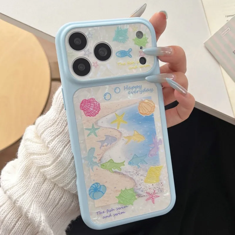 Summer Beach Ocean Shell Pattern Phone Case for iPhone 15 16 17 Pro Max Starfish Seashell Full Lens Protector Shockproof Cover