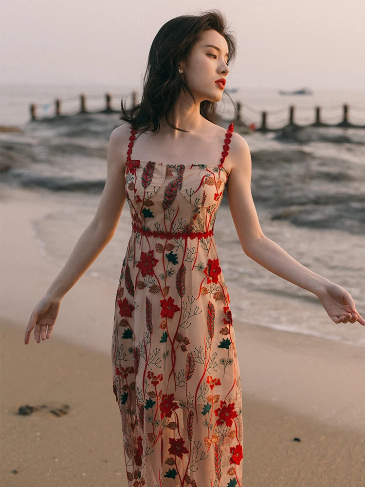 

French Style Vintage Girl Embroidery Slip Dress Floral Applique Waist Wrapped Beach Resort Vestidos 2023 Elegant Women Dresses