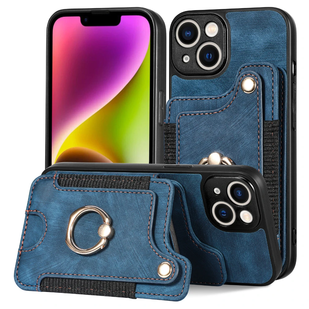 

Роскошный чехол для телефона из искусственной кожи для iPhone 16 15 Pro Max 16e 14 Plus 11 12 13 Pro с слотом для карт, кольцом, пряжкой, ремешком, задней крышкой LD4