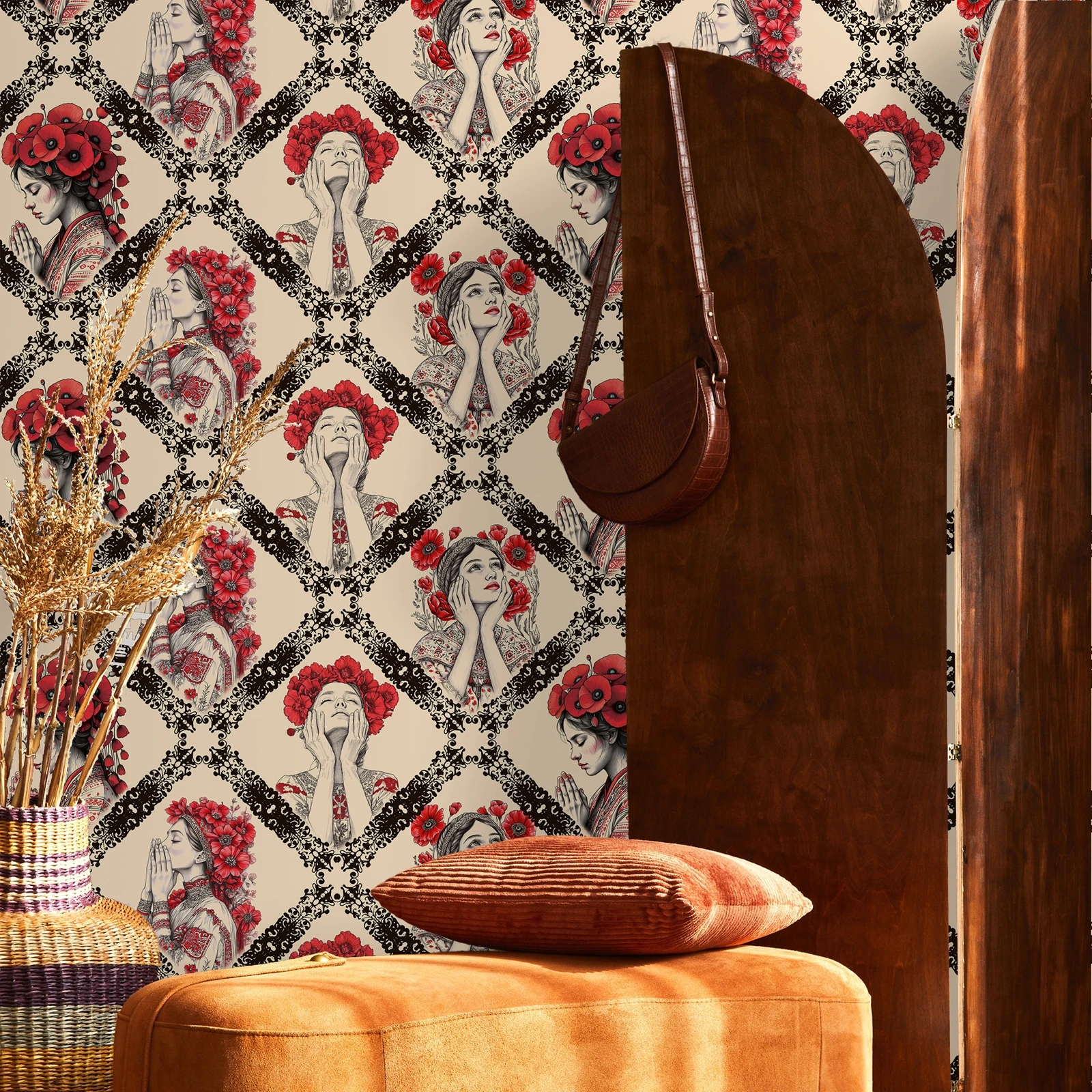 ورق حائط بوهيمي فريد من نوعه، ورق حائط قابل للتقشير واللصق للفنون الثقافية للغرفة الفاخرة، عناصر تزيين الحائط الأزهار الغريبة، 50 سم * 300 سم #3