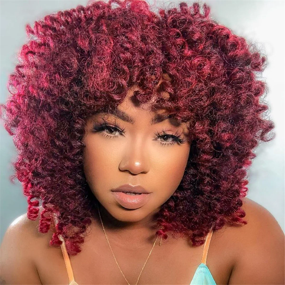 WIND FLYING African Women Short Kinky Curly Wigs with Bangs Natural Look Long-Lasting Wear Fashion Fluffy Wig Headgear