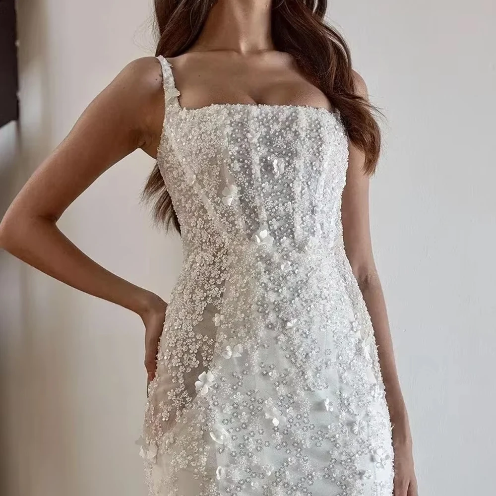 Abiti da sposa a sirena in pizzo personalizzati Cinghie per spaghetti Abiti da sposa Senza maniche Fiore 3D Backless Sweep Vestido Abito da sposa