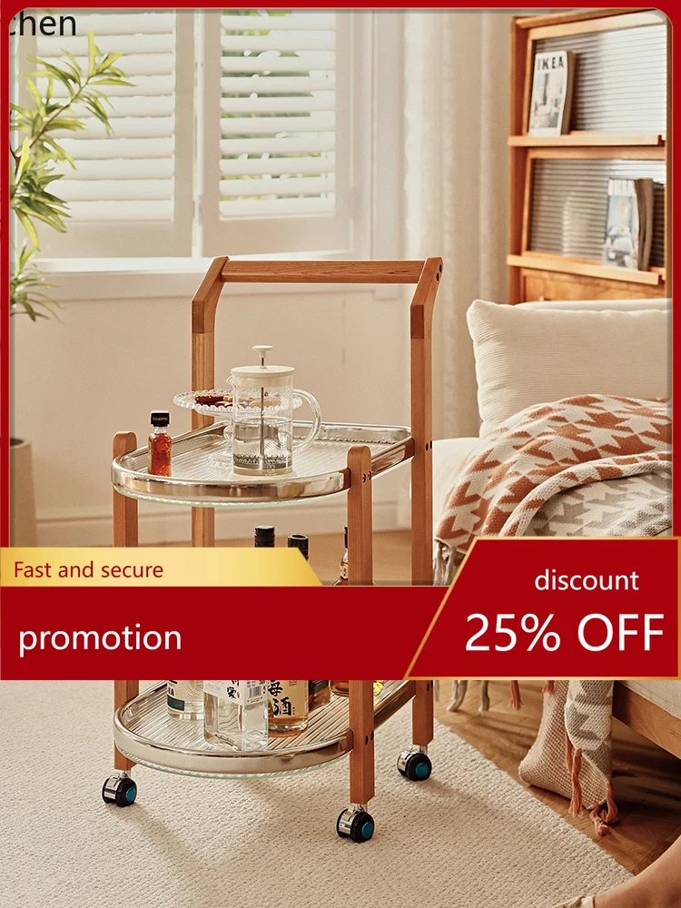 

YFY Solid Wood Trolley Glass Storage Rack Cherry Removable Sofa and Bedside Side Table