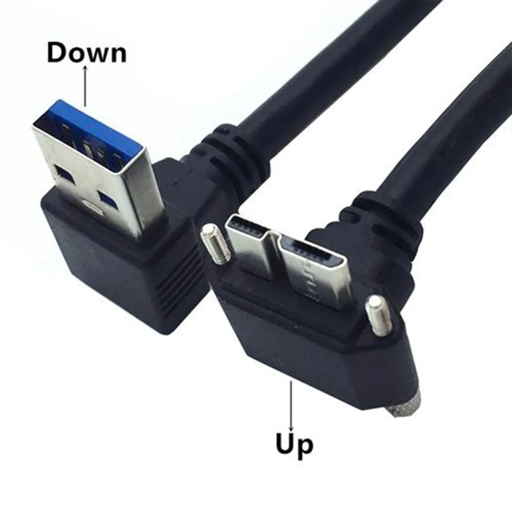 USB 3.0 A Male to Micro-B 3.0 Plug 90 Degree Up/Down  Angled Locking Screw Panel Cable 25cm