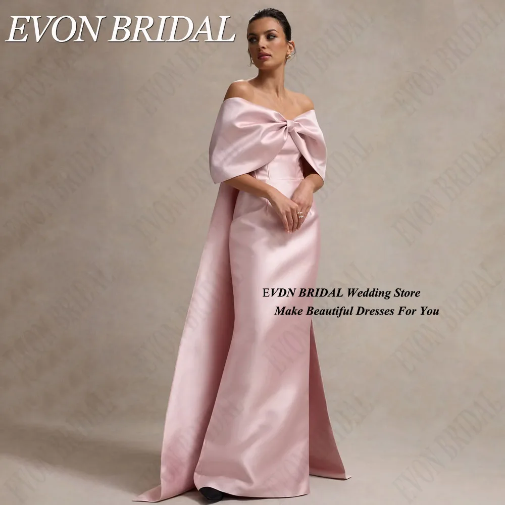 Evon bridal-パーソナライズされたピンクのサテンのイブニングドレス,裸の肩の弓,人魚のドレス,ケープ,背中の開いたドレス ピンクサテンの有名人イブニングドレス肩出しリボンマーメイド舞踏会ドレス開角露背法衣カスタム