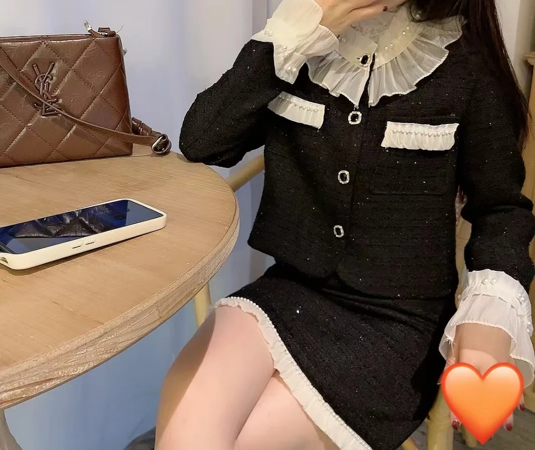 UNXX Hepburn Style Korean Quality Black Suit Set for Women, 2023 Autumn/winter New Elegant Jacket High-waist Skirt Two-piece Set