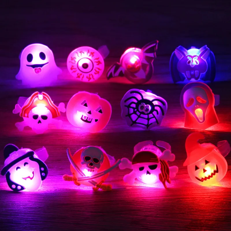 100Pcs LED Luminous Halloween Rings Creative Pumpkin Ghost Skull Luminous Ring Toy Christmas Children Birthday Party Decorations