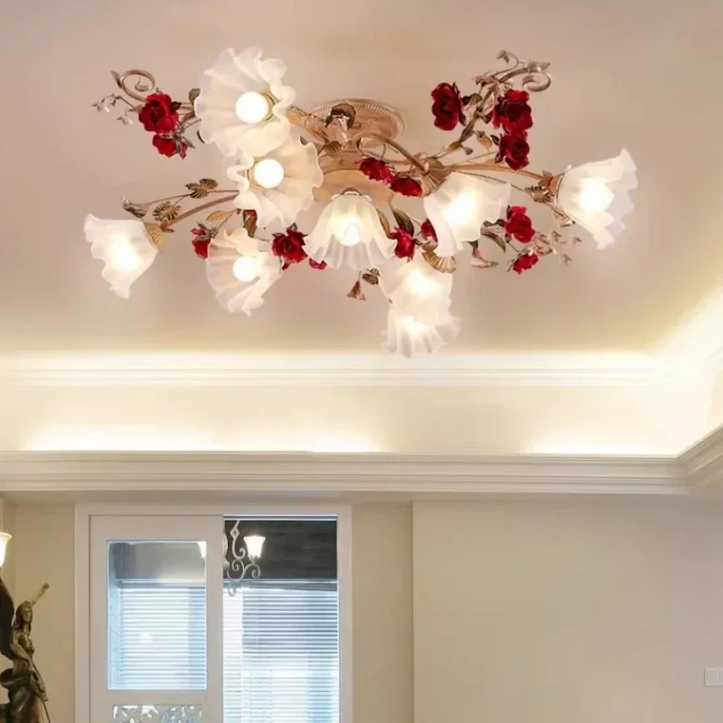 Romantic flower ceiling chandelier American pastoral retro LED ceiling lights Living room Bedroom Nordic ceiling lights