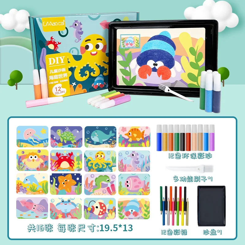 Kids Sand Art Kit Double-Sided Coloring Board DIY Craft Set with Glitter Powder & Colored Pencils