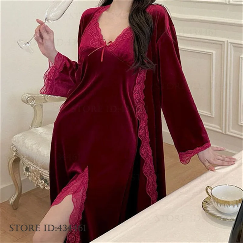 Elegante veludo feminino longo robe camisola conjunto sexy renda divisão camisola lingerie outono inverno pijamas homewear solto pijama