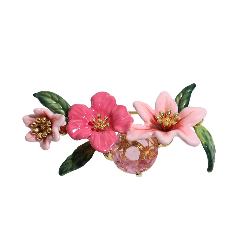 

Bohemia Style Summer Holiday Beach Vacation Sense Gentle Aroma Pink Cubic Zircon Enamel Flowers Green Leaves Gold Plated Brooch
