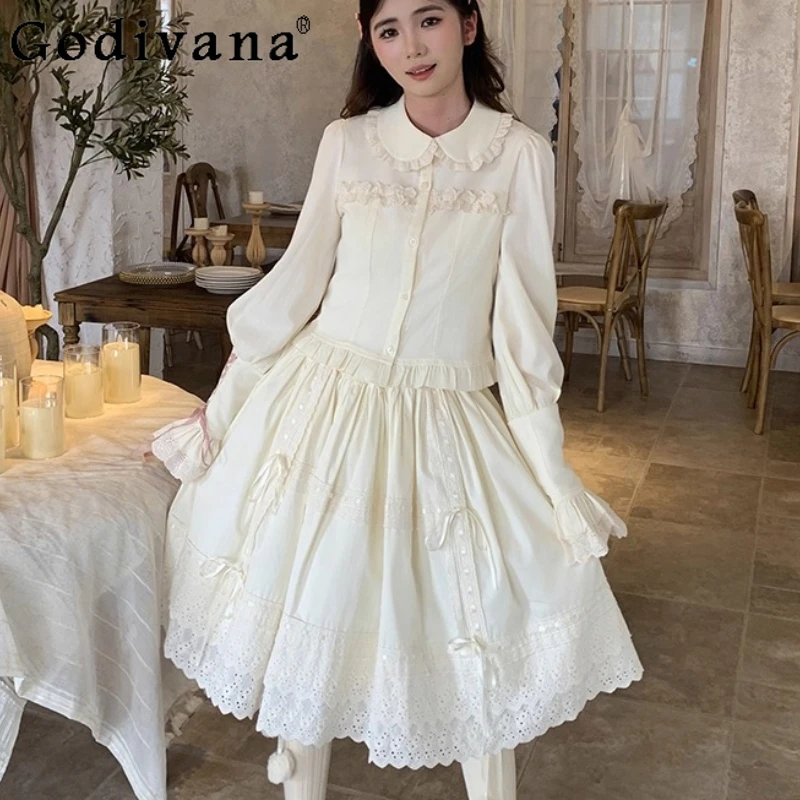

Lolita Female Sweet Peter Pan Collar Elegant Spring Autumn Jsk Bottoming Shirt Milk Yellow Ruffles Long Sleeve Age Reduction Top