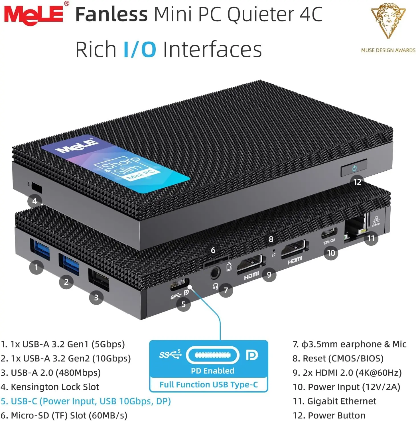 MeLE Mini PC Quieter 4C N100,Fanless PC,8GB Memory,128GB Storage 