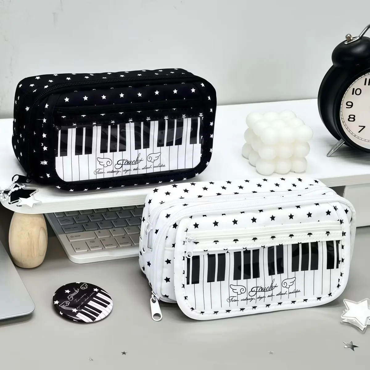 Large Capacity Star Pattern Keyboard Pencil Case Cute Aesthetic Stationery Organizer Pouch Student Pencil Box Ins Style