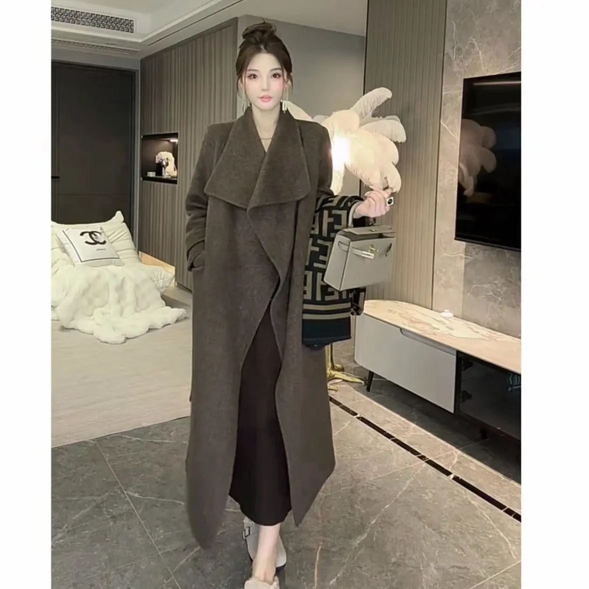 Big Collar Double-Sided Wool Coat For Women'S Autumn And Winter Fashion Temperament, Lace Up Woolen Thick Long Coat