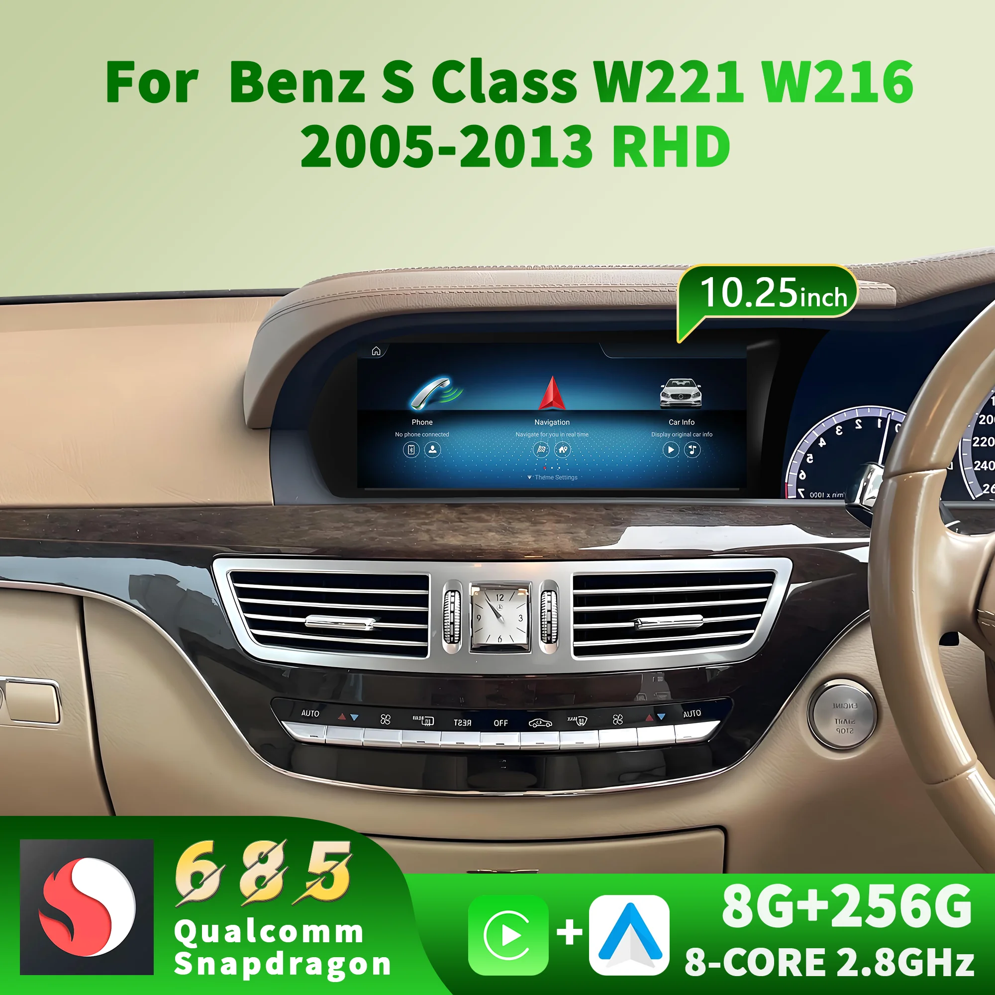 10.25 inch Right Hand Drive Car Radio Snapdragon 680 Android 14 Carplay Wireless For Mercedes Benz S Class W221 W216 2005-2013