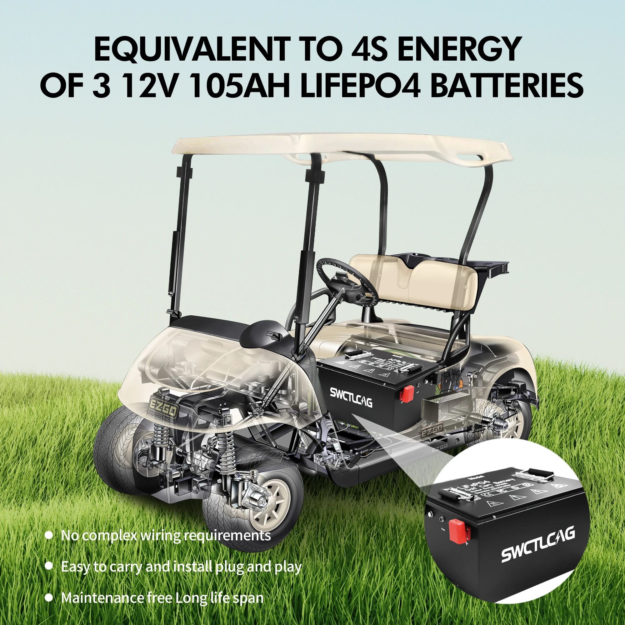 Akumulator LiFePO4 36V 105Ah do wózków golfowych z wbudowaną szybką ładowarką 25A, Bluetooth i BMS 200A do myjek podłogowych Nilfisk Tennant Nobles