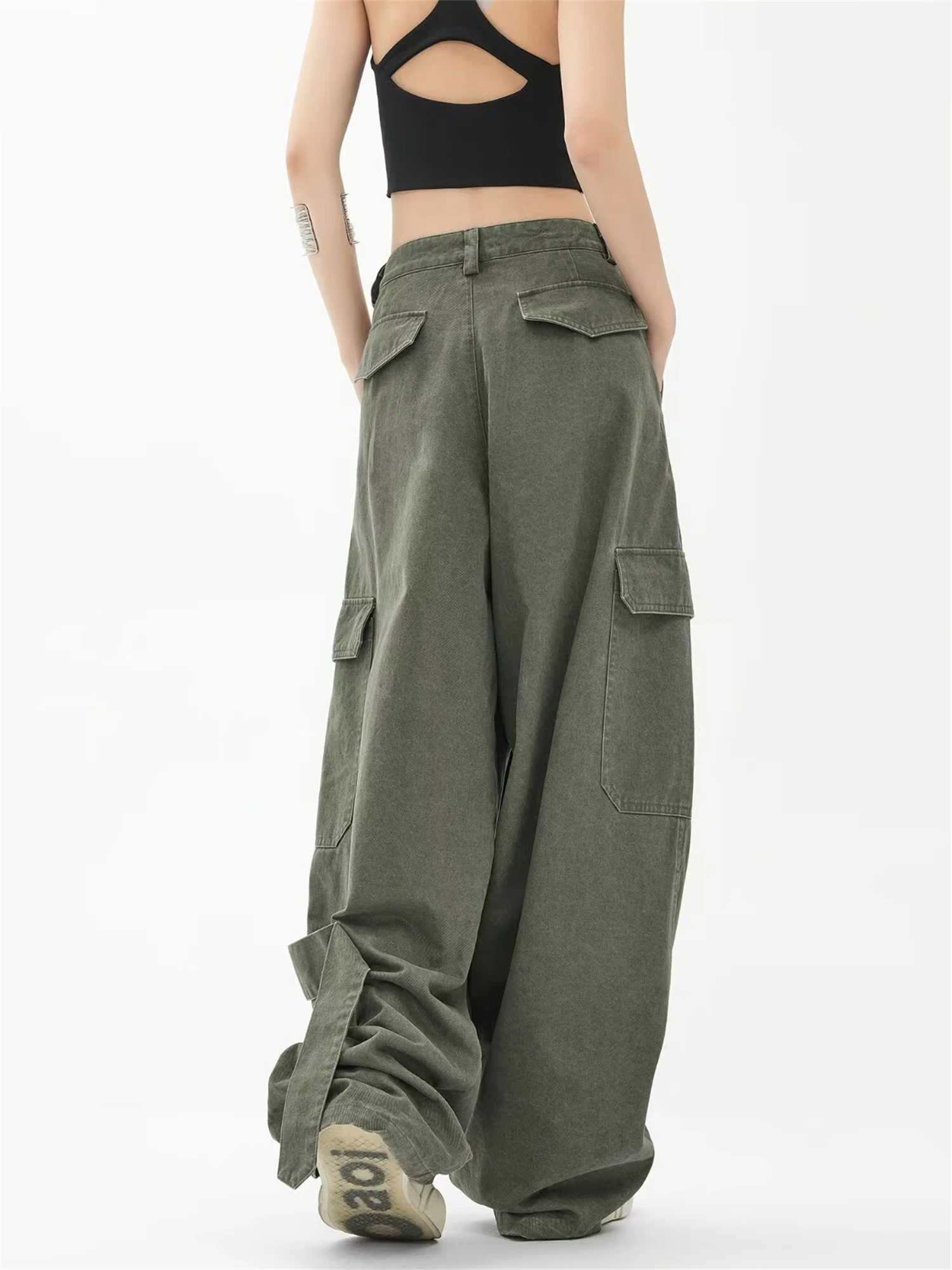 Y2K Women's Olive Green Cargo Pants New Fashion Multiple Zipper Pockets Oversized Wide Leg Loose Casual Streetwear Trousers