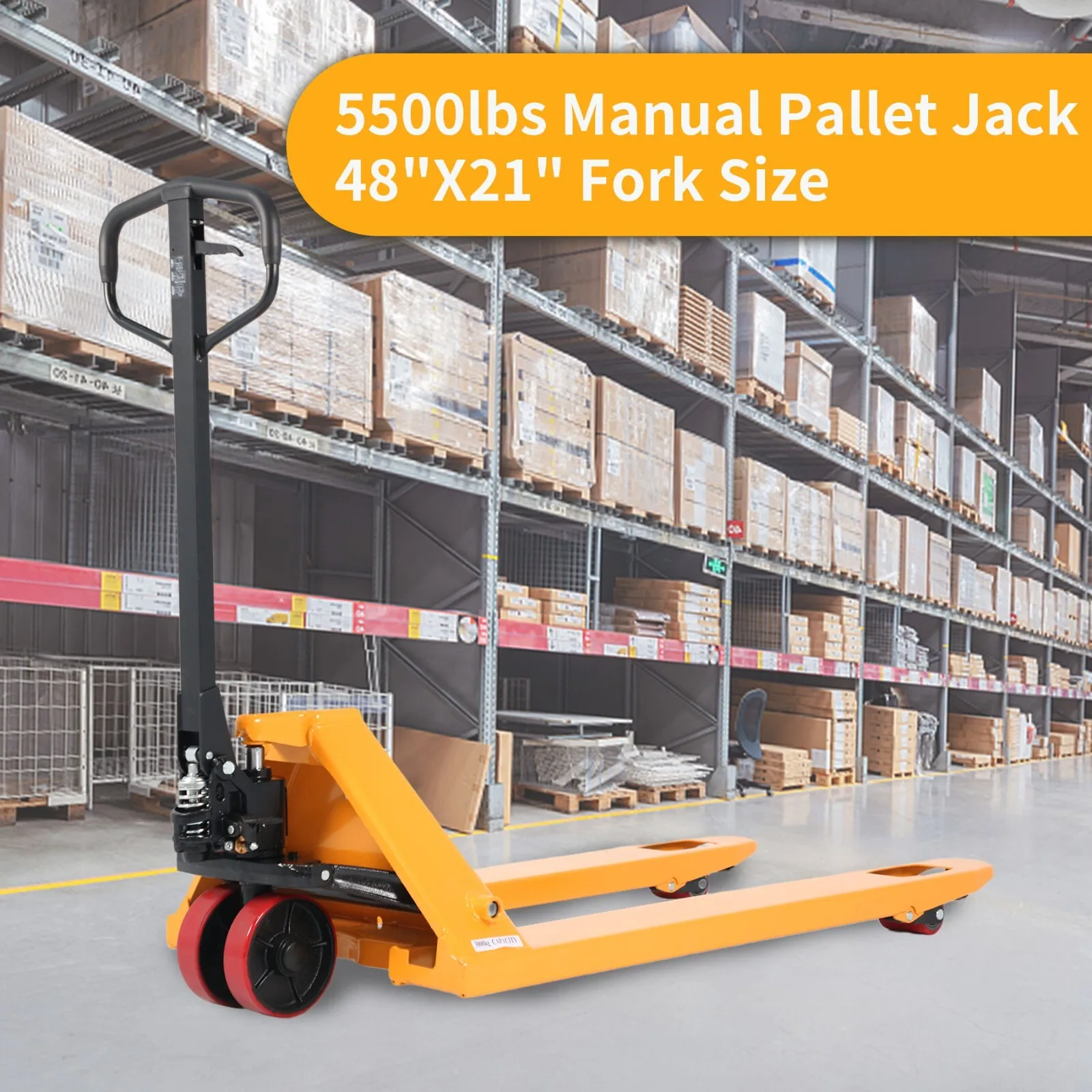 

Narrow Aisle Manual Pallet Jack 21"x48" Fork 5500lb Hand Pallet Truck