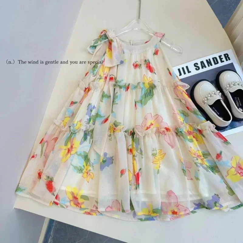 Vestido de verano para niñas, falda con tirantes de playa de gasa floral para niños, ropa exterior floral (vestidos casuales para niñas