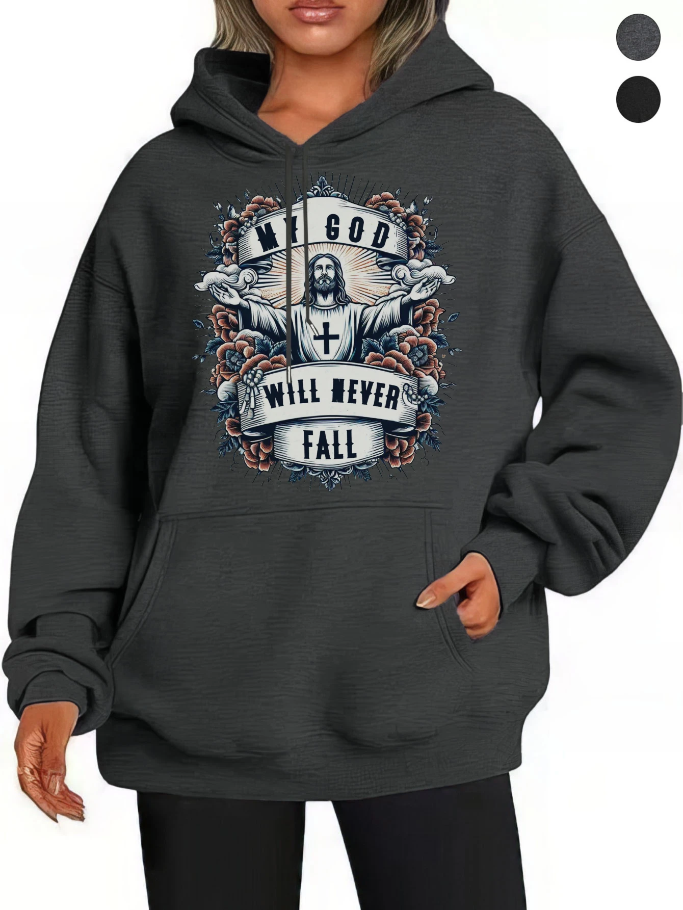 سترة بغطاء للرأس ريترو بوب لن تسقط أبدًا من My God للنساء باللون الأسود والرمادي وفضفاضة من القطن لراحة الرياضة في الخريف/الشتاء