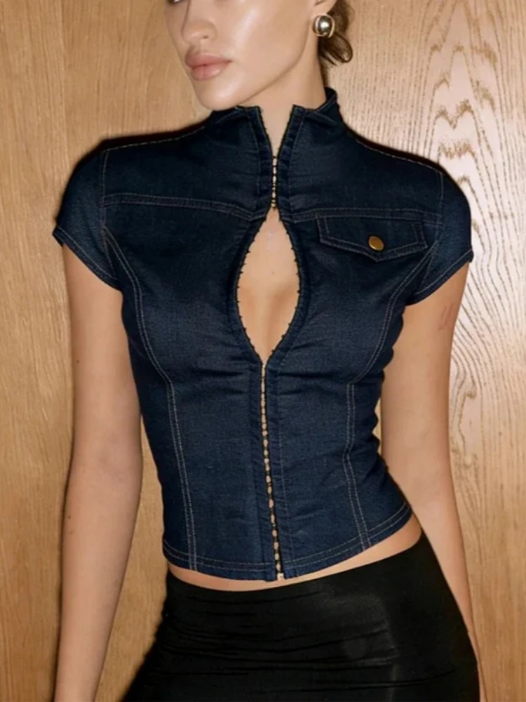 Women's Dark Blue Zip Up Stand Collar Denim Blouse Sexy Short Sleeve Fitted Waist Crop Shirt Ladies Y2k Daily Commute Tops 2026