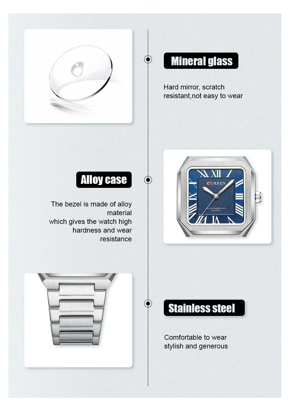 CURREN Minimalistische Eleganz Herren-Quarzuhr Quadratisches Zifferblatt mit Leuchtzeigern Edelstahlarmband Moderne Klassische Armbanduhr – Detail 5