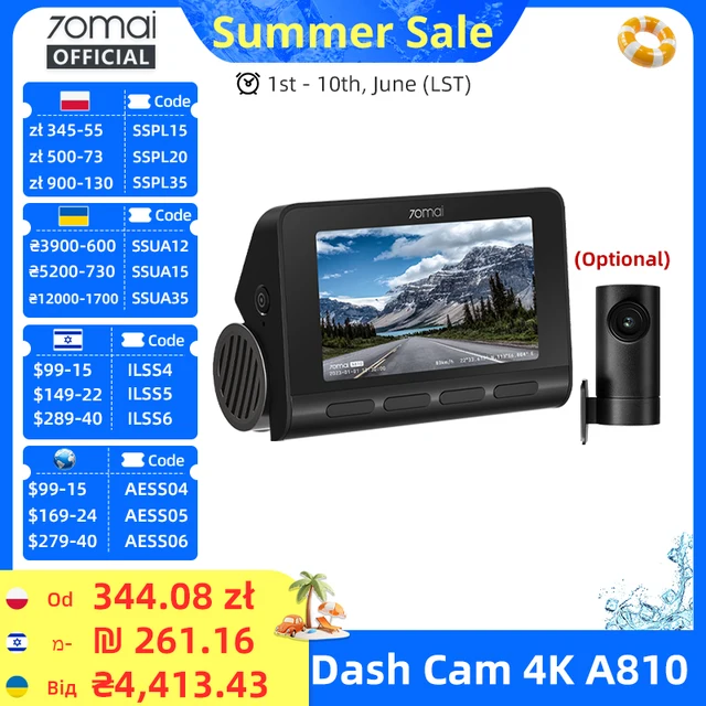 70mai 4K Kamera Samochodowa A810 Zestaw Przedni i Tylny Obsługa Modułu 4G LTE UP04 Zdalne Sterowanie GPS ADAS Rejestrator Jazdy 70mai A810