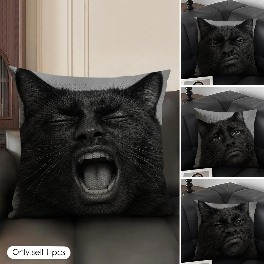 Black Cat With Human Face Cushion Cover Skin-Friendly Organic Linen Pillow Cover Durable Hypoallergenic Washable Soft
