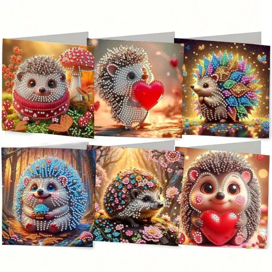 

6pcs/Set DIY Diamond Painting Kit Unique Hedgehog Animal Design Diamond Art Mosaic Postcard Greeting Card For Birthday Christma