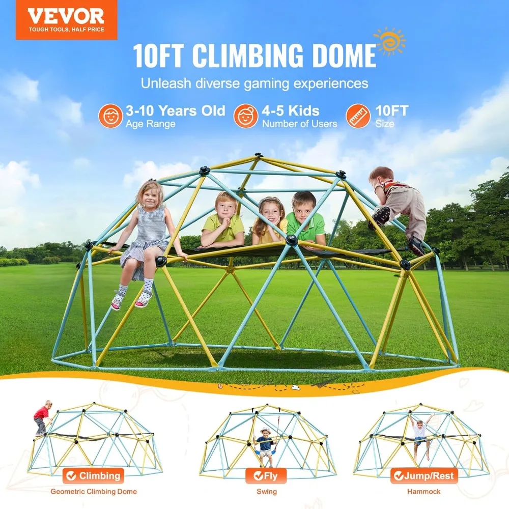 Climbing Dome, 10FT Geometric Dome Climber with Hammock and Swing, Jungle Gym Supports 750LBS and Easy Assembly