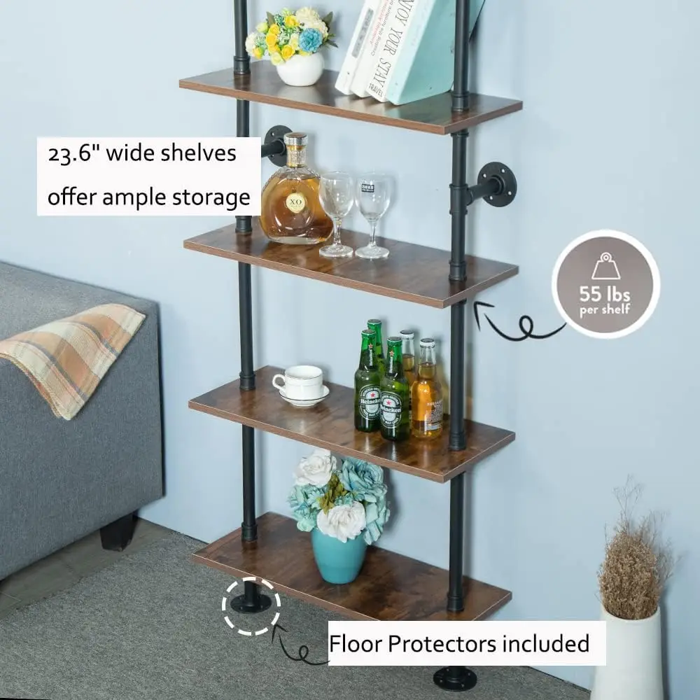 

5 Shelf Industrial Pipe Shelving, Black Modern Bookcase Bookshelf, Wall Mount Ladder Shelf with Metal Frame Display Selves