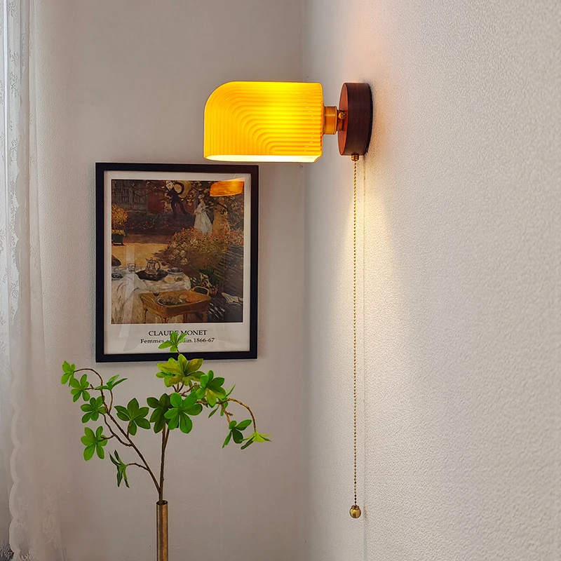 Nordic Retro Glass LED Wall Lights Brass Walnut Walkway Aisle Bathroom Mirror Front Lights Bedroom Bedside with Switch Wall Lamp