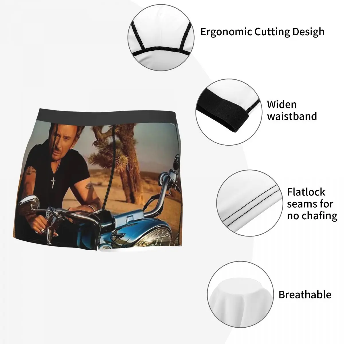 Johnny Hallyday Rock Music French Singer On His Motorbike Underpants Breathbale Panties Male Underwear Print Shorts Boxer Briefs