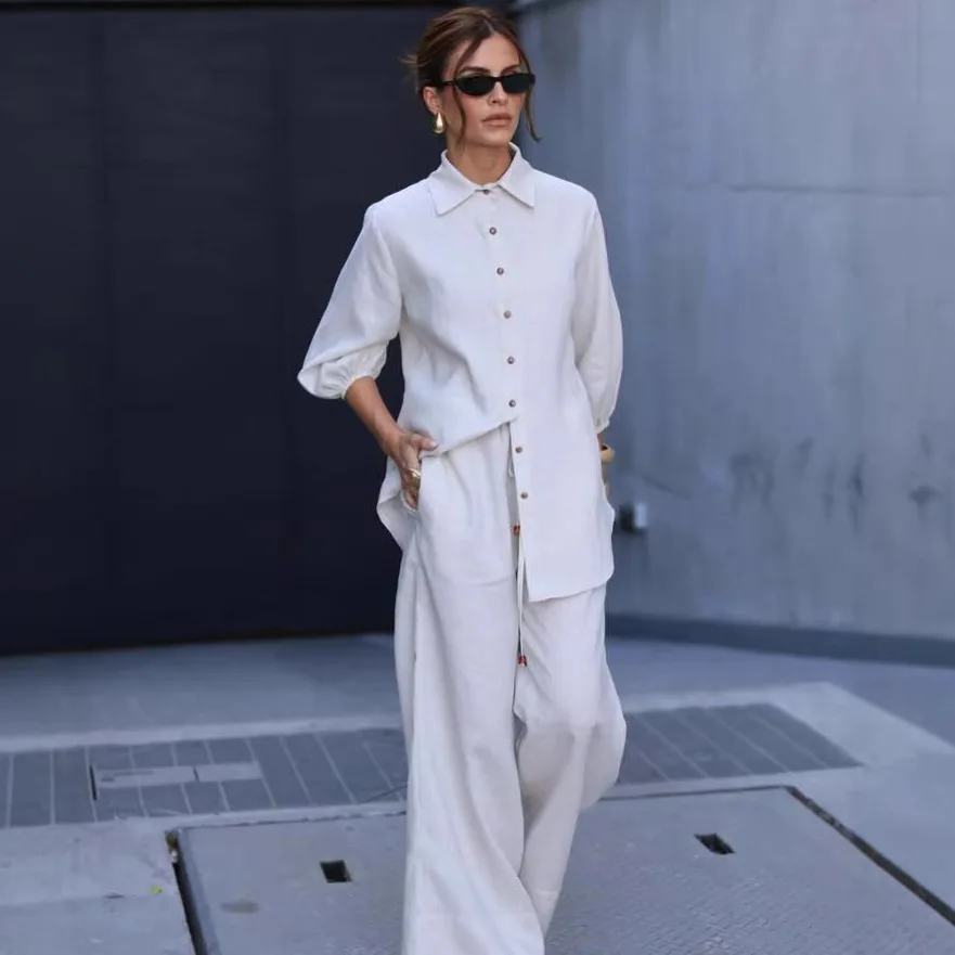 

Elegant Two Piece Set Women 2026 Summer Fashion Half Sleeve Tops And Wide Leg Matching Sets Casual