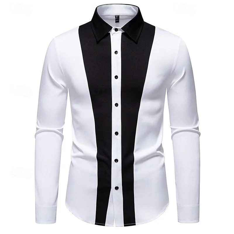 

Men's long sleeved shirt classic black and white patch color formal new style retro men's long sleeved shirt top