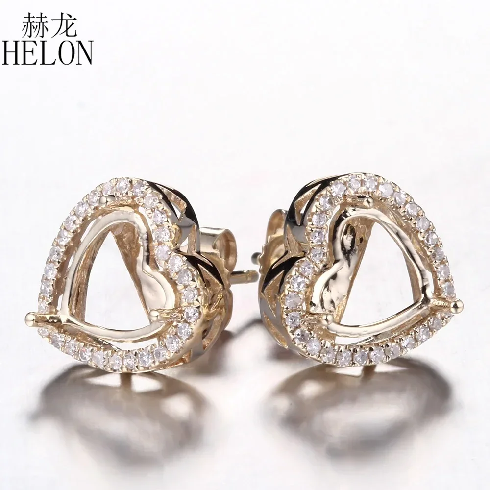 HELON 7-9mm Heart Solid 14K Yellow Gold 0.23ct Natural Diamonds Semi Mount Engagement Wedding Stud Earrings Women Trendy Jewelry