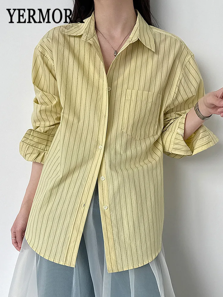 

Женская повседневная блузка YERMORA с желтыми полосками и карманом, с отложным воротником, длинным рукавом, свободного кроя, новая модная рубашка, тренд Весна-Лето 2026