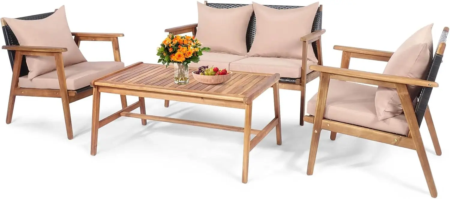 

Комплект садовой мебели для патио - 4-местный комплект из плетеной мебели с кофейным столиком, подушками, каркасом из акации, сиденьями из ротанга, для улицы