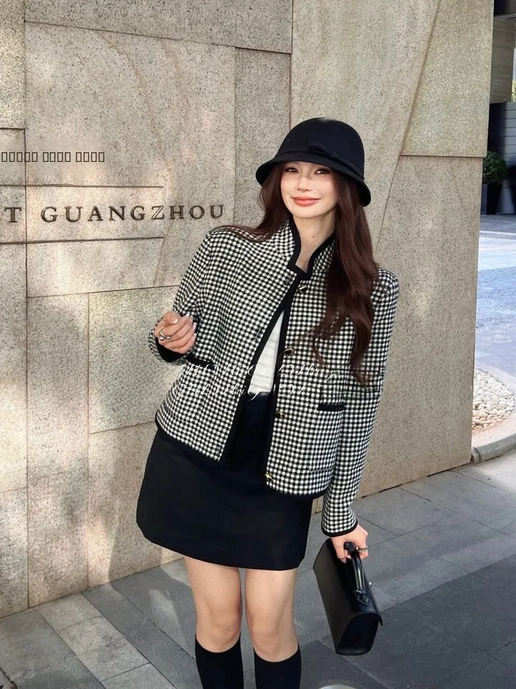 

Ele Slim Fit Plaid Color Blo Stand Collar Cardigan Outerwear Faionable Ladylike Sle Long Sve Button Detail