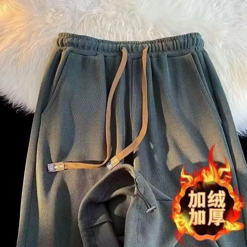Women's Autumn Winter Thickened Fleece Wide Leg Sports Pants High Waist Straight Cut Casual Long Trousers Drawstring Cuffed S...