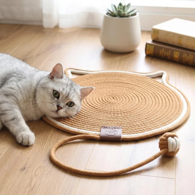 猫用スクラッチマット-43cm、内蔵プレイボール付き、編み込み綿ロープ製、耐久性のあるパッド、室内用、子猫やペット愛好家への心地よいギフト