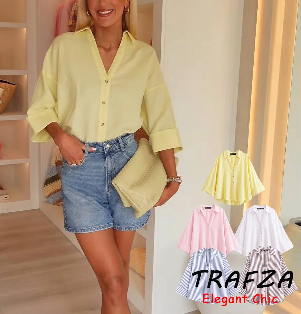 

TRAFZA-Women Casual Loose Shirt V-neck Buttons Batwing Sleeve Shirt New 2025 Spring Summer Minimalist Office Lady Commuter Shirt