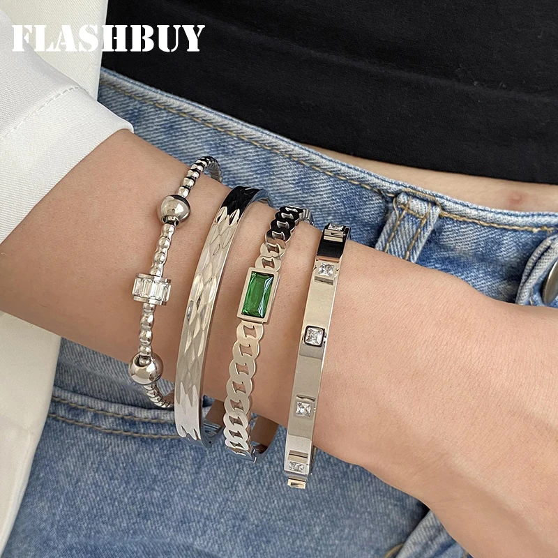 Flashbuy Titanium Steel Shiny Zircon Silver Color Bangles Bracelets for Women Charm Texture Fashion Accessories Gift