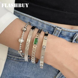Flashbuy Titanium Steel Shiny Zircon Silver Color Bangles Bracelets for Women Charm Texture Fashion Accessories Gift